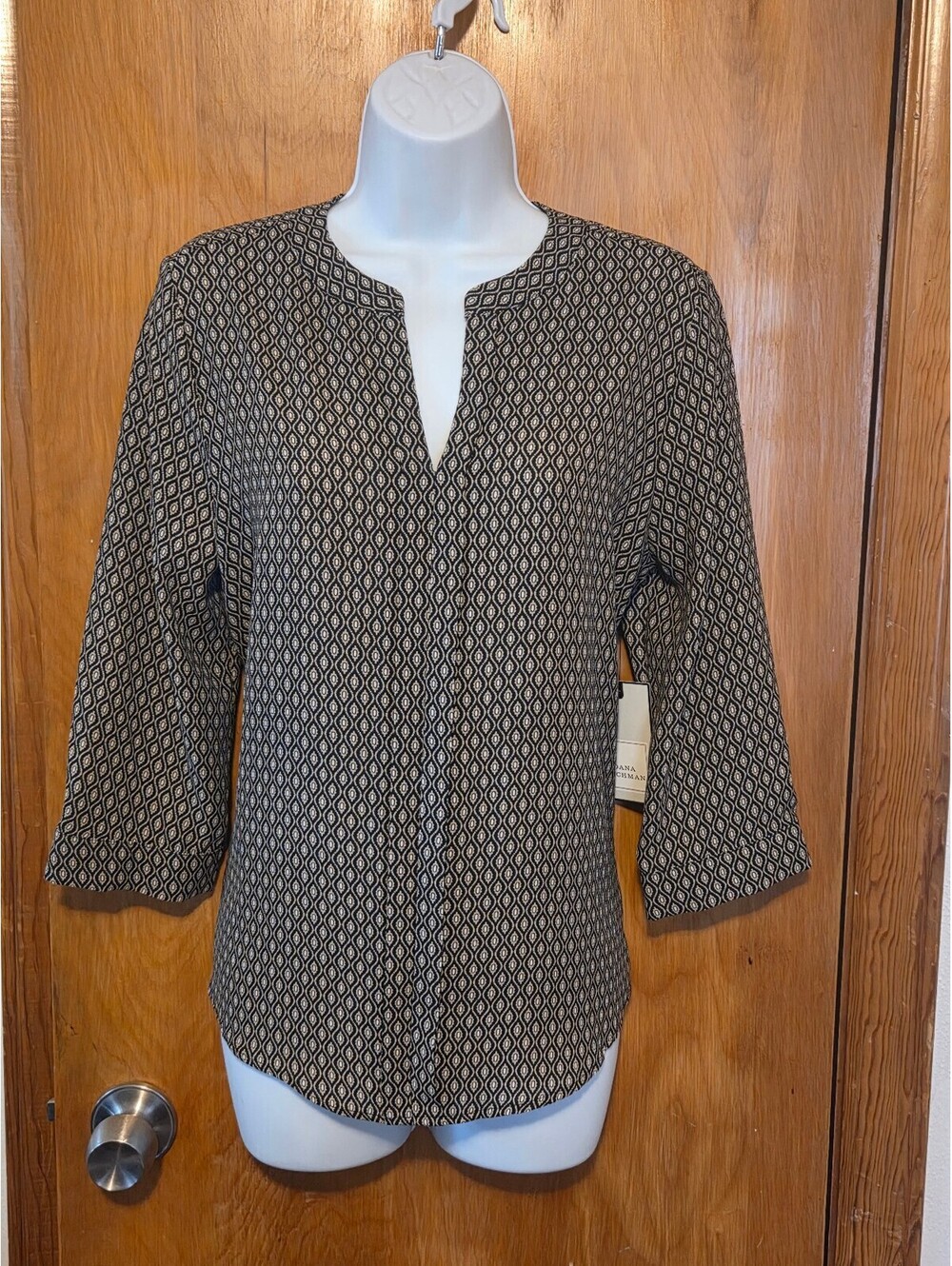 Dana Buchman Brown Geometric Print 3 4 Sleeve Blouse Size M NWT